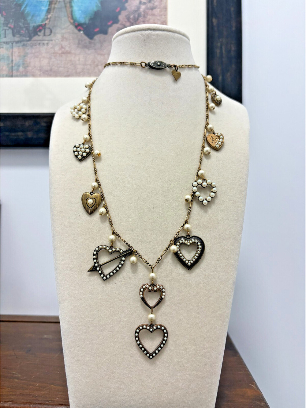 Vintage Glass Works Studio Brass Mixed Metal Heart Charm Necklace 28" Chain